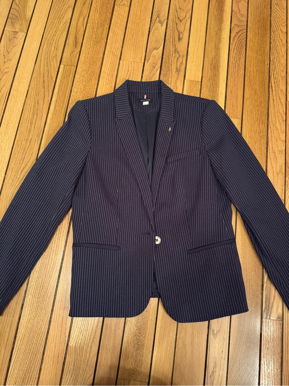 Tommy Hilfiger Navy Pinstripe Blazer with Elbow Patches - Picture 10 of 12